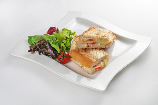 Isolated shot of a white plate with a two-part sandwich - perfect for a food blog or menu usage