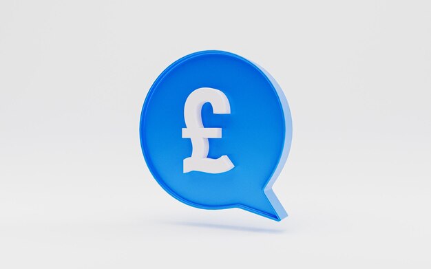 3dレンダリングによる外貨両替と送金の概念のための白い背景の上の青いテキストメッセージ内の白い英ポンド記号の分離