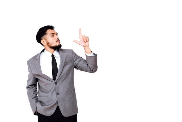 Isolated Young Businessman Wearing Suit Thinking a Good Idea with Copy Space in Business Concept