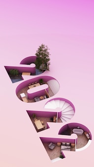 2022​年​の​アルファベット​の​等​尺性​の​ホーム​オフィス​、​自宅​から​の​仕事​の​概念​、​人生​の​目標​、​日常​生活​で​使用される​家具​と​の​仕事​と​生活​の​バランス​。​紫​と​木​の​色調​で​、​3​d​レンダリング​と​イラスト​。