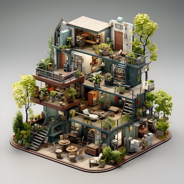 Free photo isometric house with garden and plants 3d render on gray background