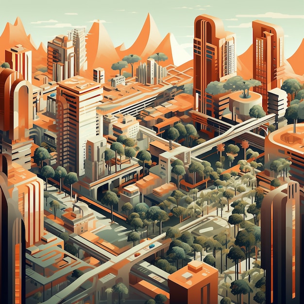 도시의 3D 렌더링에 대한 아이소메트릭 뷰