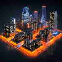 Free photo isometric view on 3d rendering of neon city