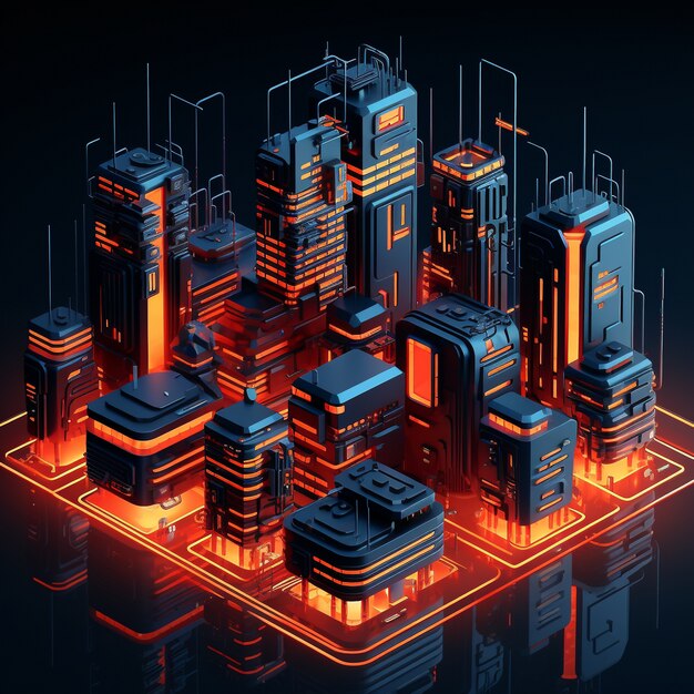 네온 도시의 3D 렌더링에 대한 아이소메트릭 뷰