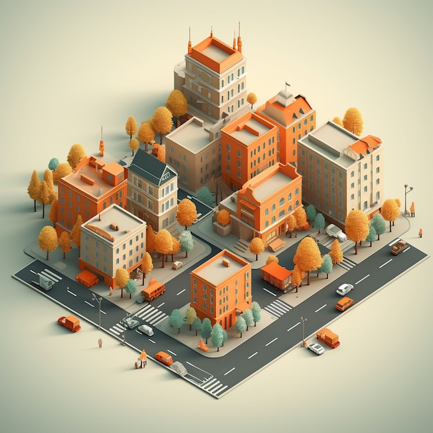 Isometric view on 3d rendering of neon city