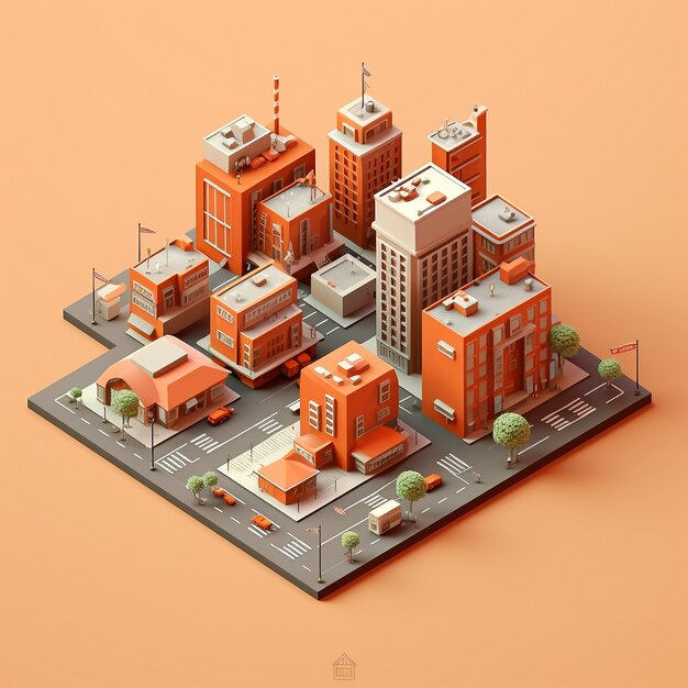 네온 도시의 3D 렌더링에 대한 아이소메트릭 뷰