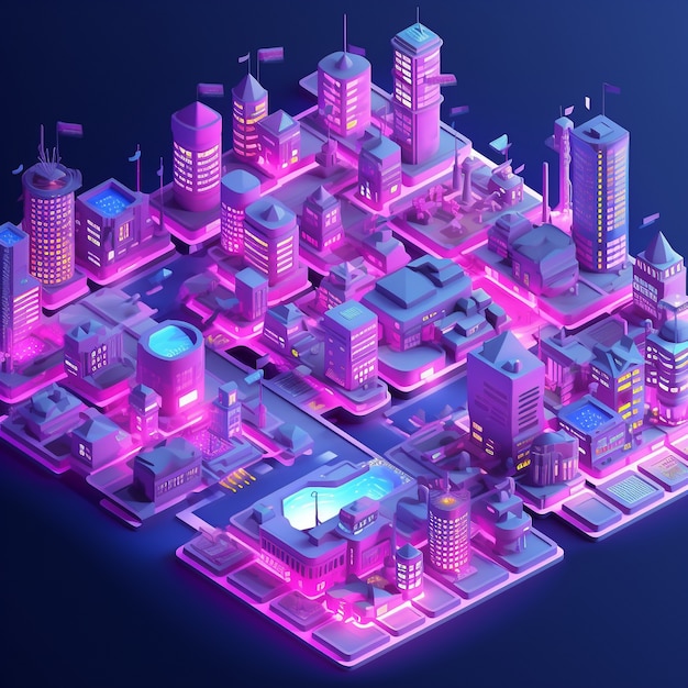 Free photo isometric view on 3d rendering of neon city