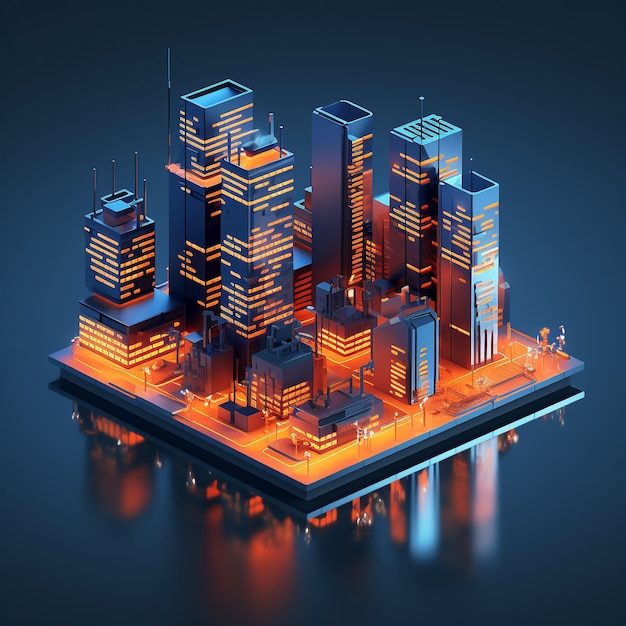 Isometric view on 3d rendering of neon city