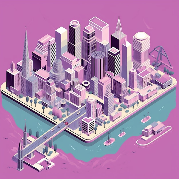 Free photo isometric view on 3d rendering of neon city