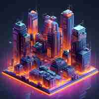 Free photo isometric view on 3d rendering of neon city