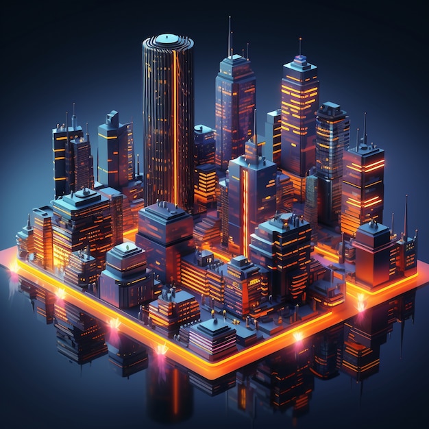 Isometric view on 3d rendering of neon city