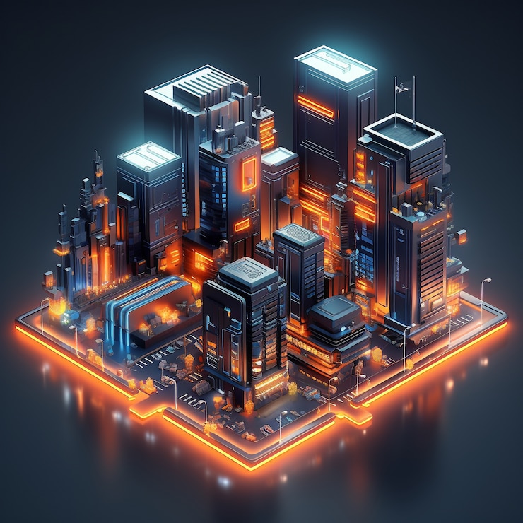 Free Photo isometric view on 3d rendering of neon city