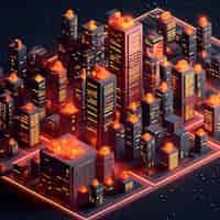 Foto gratuita vista isometrica sul rendering 3d della città al neon