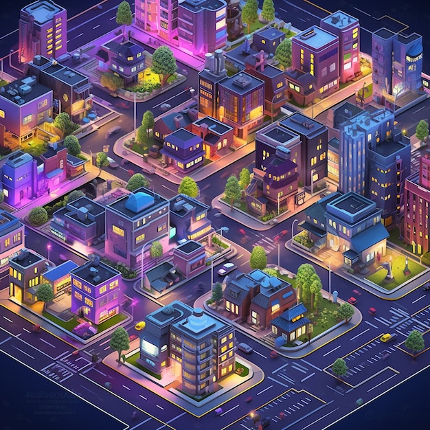 Isometric view on 3d rendering of neon city