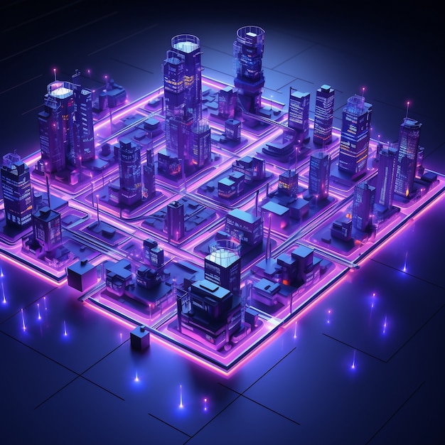 Foto gratuita vista isometrica sul rendering 3d della città al neon