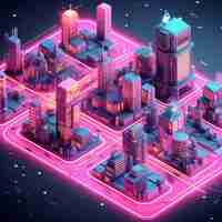 Free photo isometric view on 3d rendering of neon city