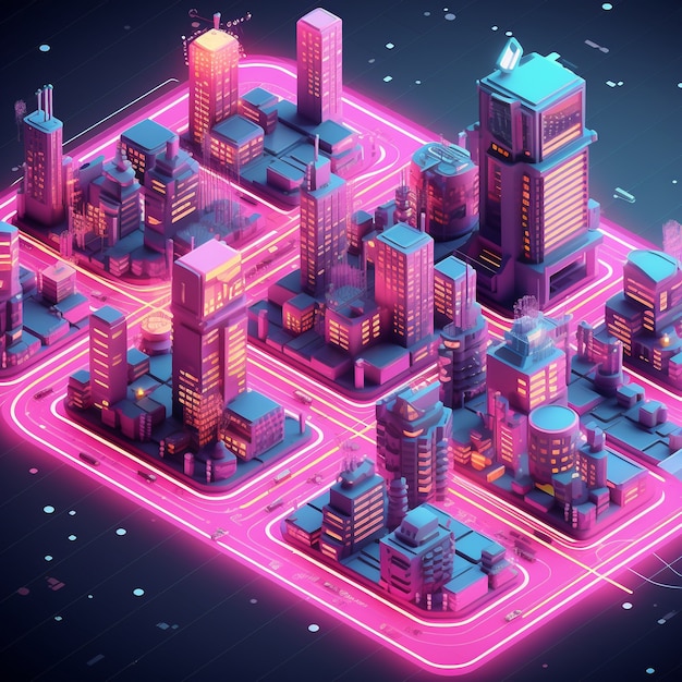 Isometric view on 3d rendering of neon city