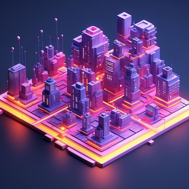 Изометрический вид на 3D-рендеринг неонового города