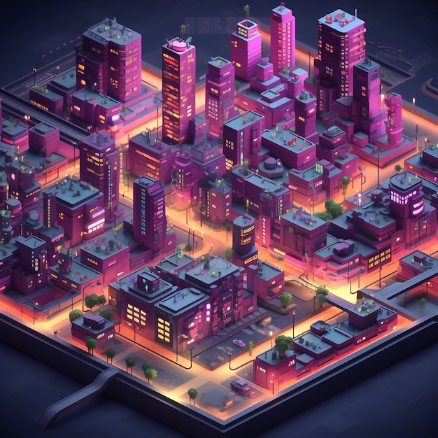Foto gratuita vista isometrica sul rendering 3d della città al neon