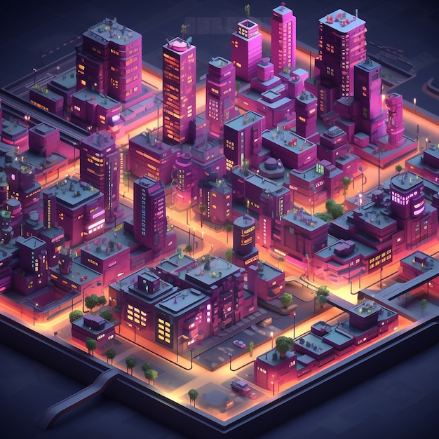 Free photo isometric view on 3d rendering of neon city