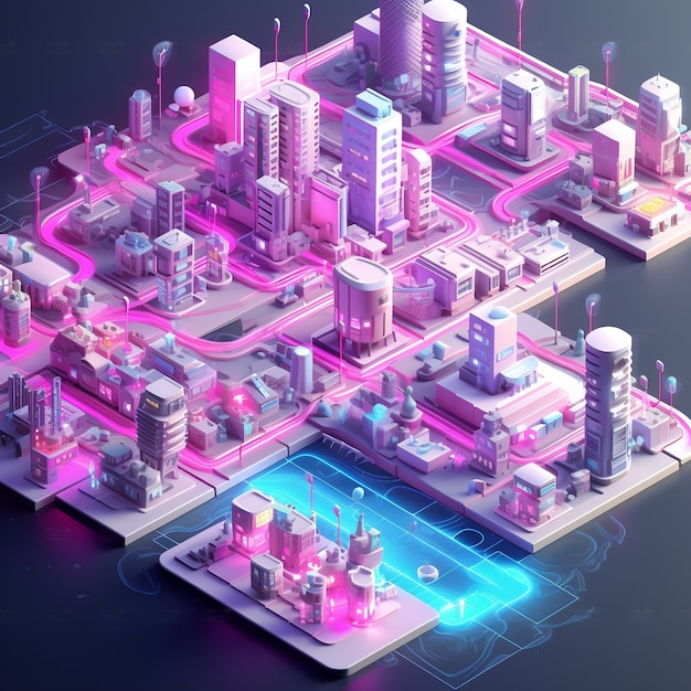 Isometric view on 3d rendering of neon city