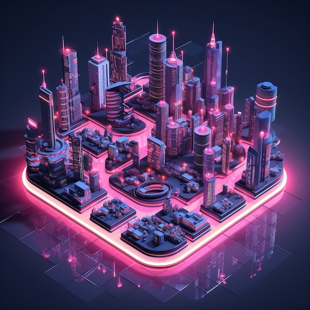 Изометрический вид на 3D-рендеринг неонового города