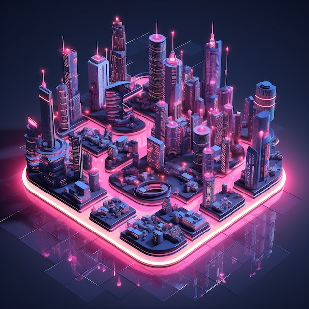 Isometric view on 3d rendering of neon city