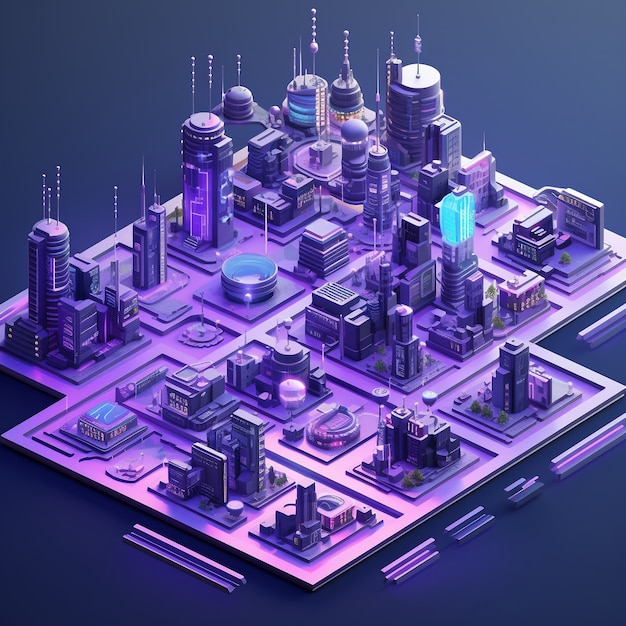 Isometric view on 3d rendering of neon city