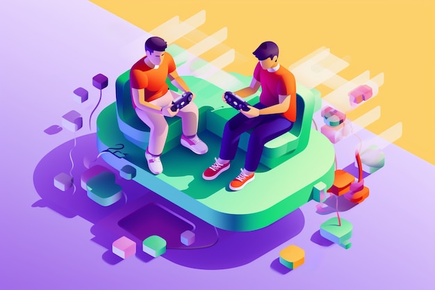 Free photo isometric view of men playing video games together