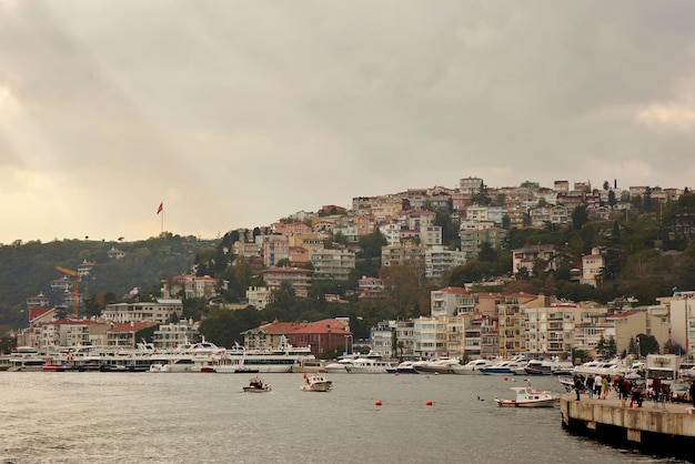 Istanbul Turkey December 11 2017 Beautiful panoramic view of Istanbul from the sea to the coastal line with boats ancient buildings streets with people