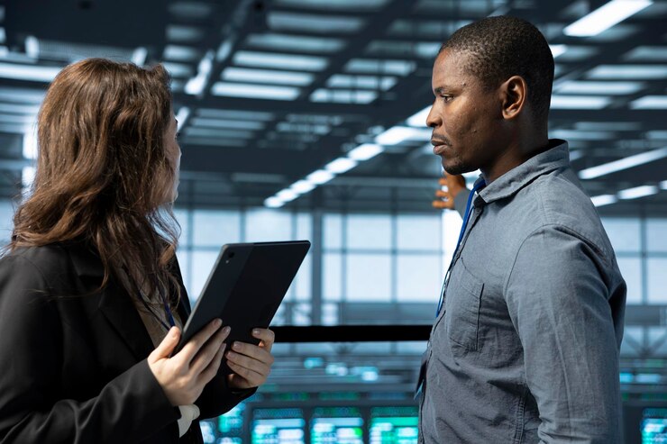 Free Photo it staff members in data center using tablet verifying rigs