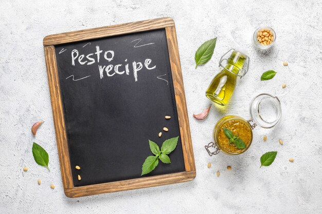 Italian basil pesto sauce with culinary ingredients for cooking.