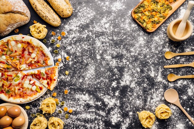 Free photo italian food decoration with flour and space in middle