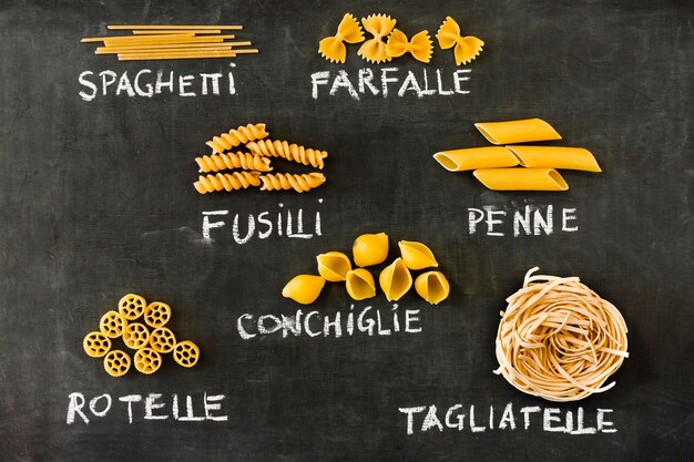 Italian pasta set on blackboard