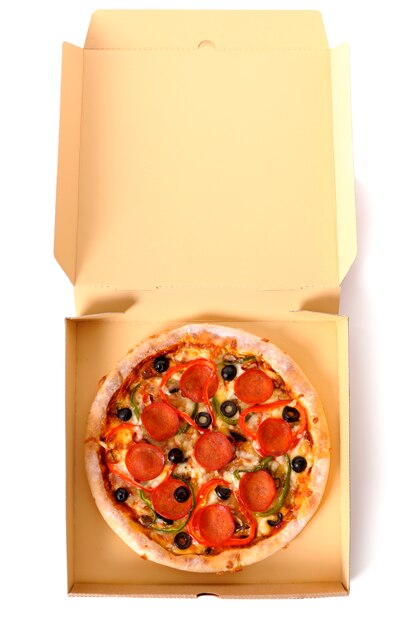 Italian pepperoni pizza in an open box 