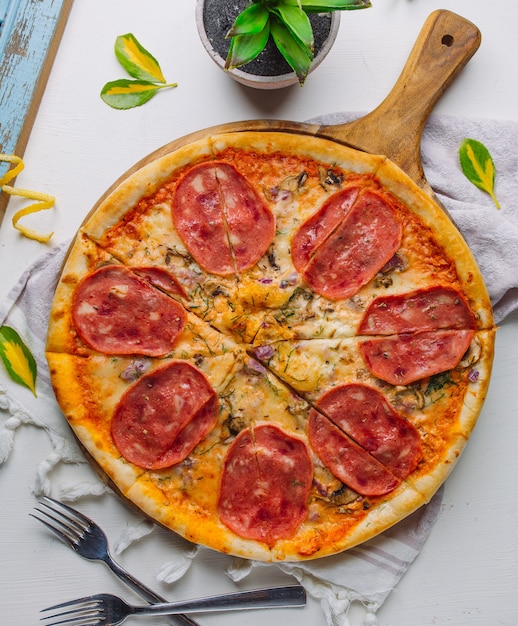 Pizza italiana con salame, aneto, funghi, cipolla rossa, formaggio su sfondo bianco