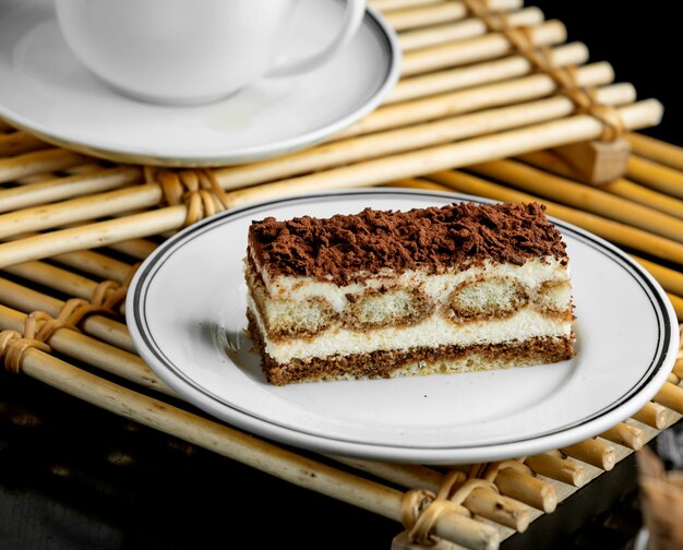 Italian tiramisu dessert plate served on bamboo boards