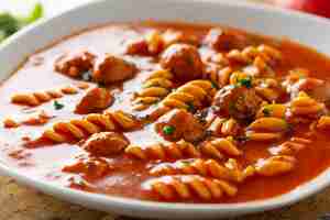 Foto gratuita zuppa di pomodoro italiana con pasta e polpette di carne servite sul piatto.