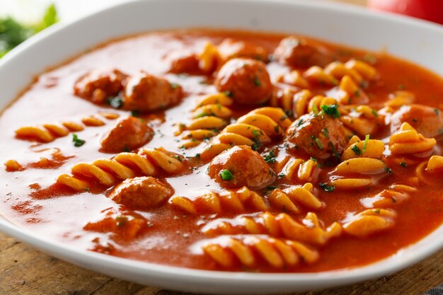 Italian tomato soup with noodles pasta and meatballs served on plate.