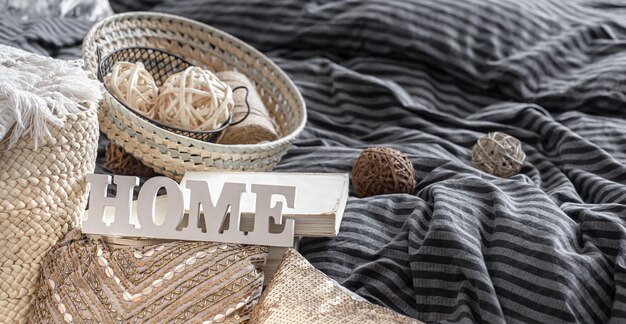 Items of a cozy home interior with pillows.