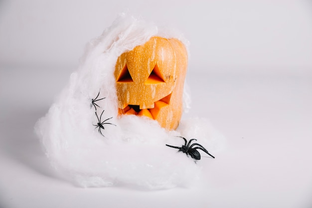 Free photo jack-o-lantern and spiders shot on white background