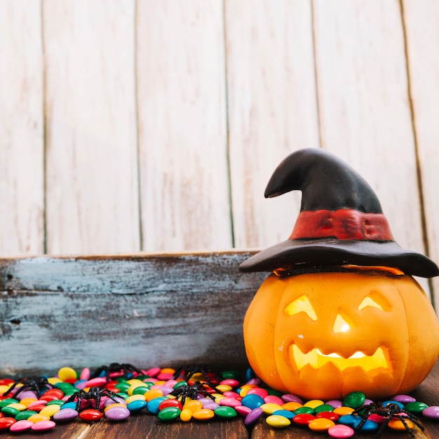 Jack-o-lantern in witch hat and candies