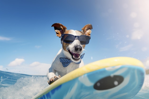 Jack russell dog surfing on a waveSunny day Summer concept AI generative