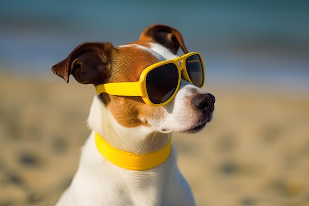 Собака Джека Рассела в желтых очках на пляже Генерация AI