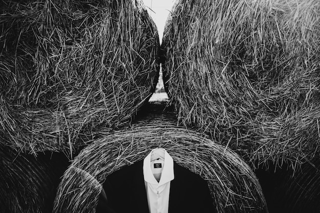 Jacket and white shirt hang on peg on hay roll