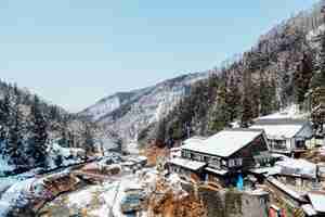 Foto gratuita villaggio del giappone tra neve e montagna