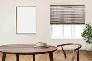 Free photo japandi authentic dining room interior design with blank picture frame