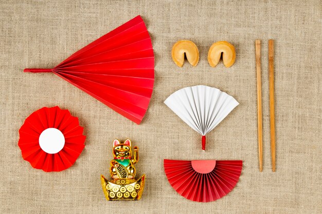 Japanese aesthetic with fans flat lay