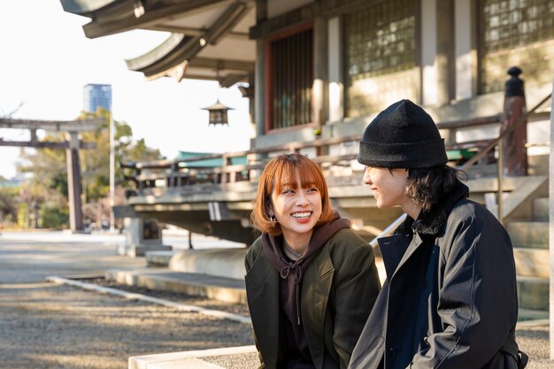 Japanese couple enjoying a date outdoors