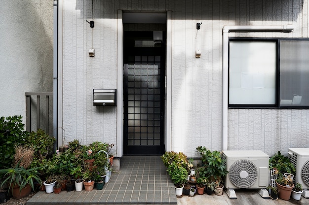 Japanese culture house entrance with plants